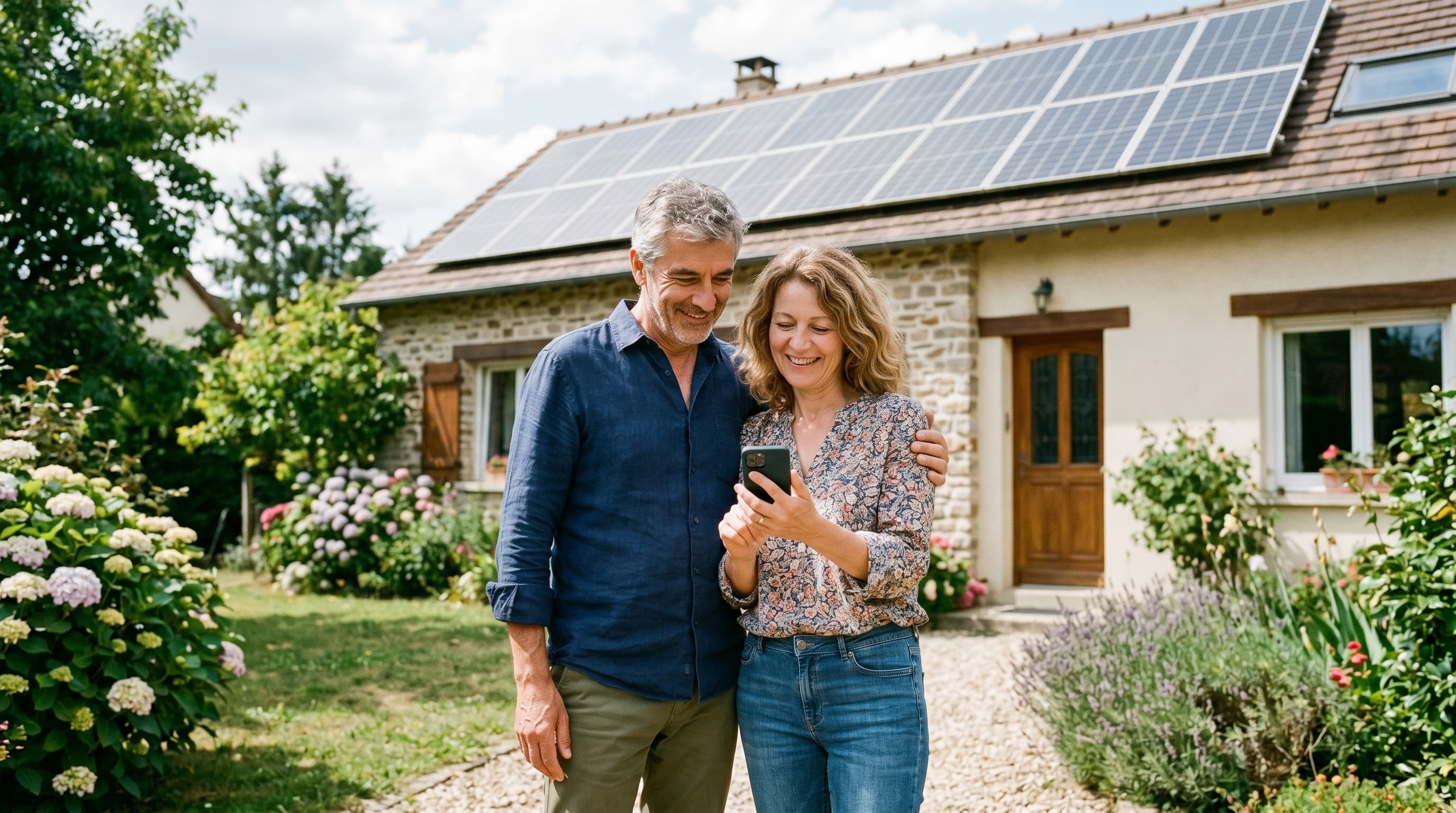 Couple de propriétaires devant leur maison équipée de 12 panneaux solaires, consultant leurs économies sur smartphone
