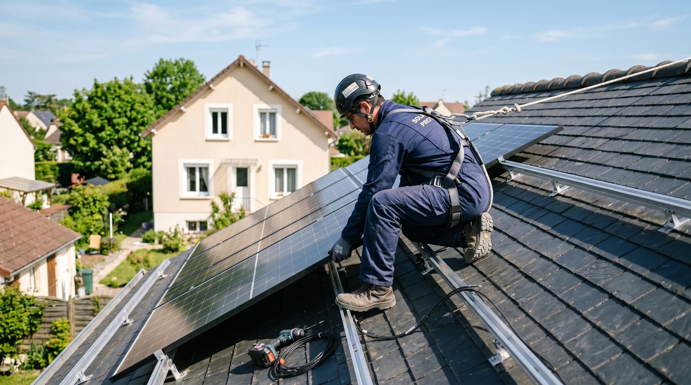 Technicien Power Energie pose des panneaux solaires à Dijon