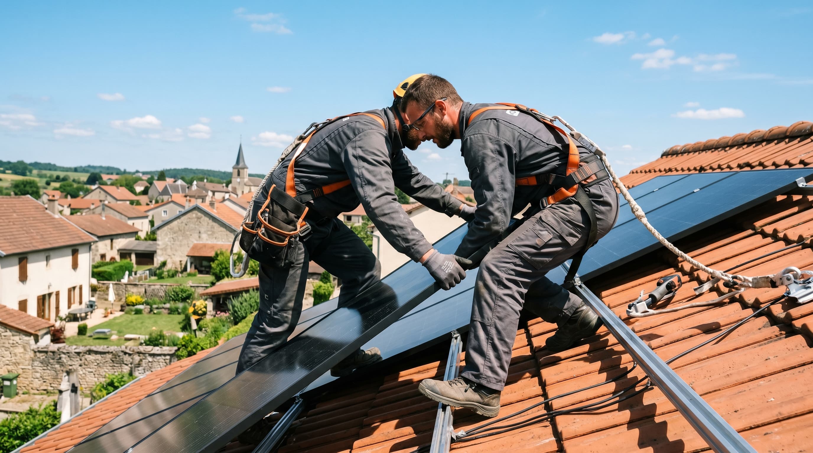 Technicien Power Energie posant des panneaux solaires sur un toit en Auvergne-Rhône-Alpes