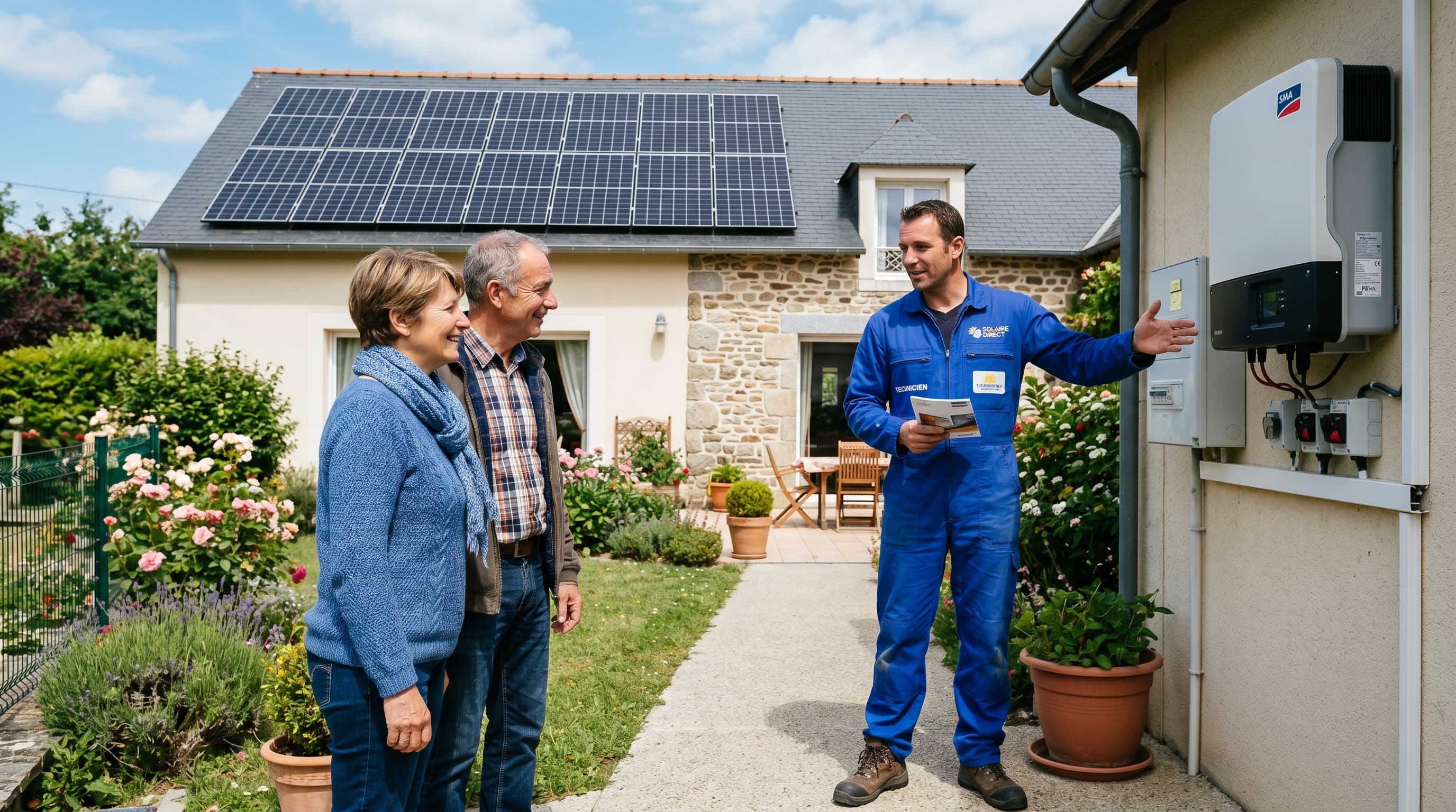 Technicien Power Energie expliquant une installation à des propriétaires en Auvergne-Rhône-Alpes